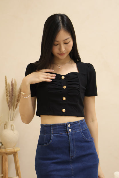 Gabriella Petal Pearl Buttons Ruched Top In Black