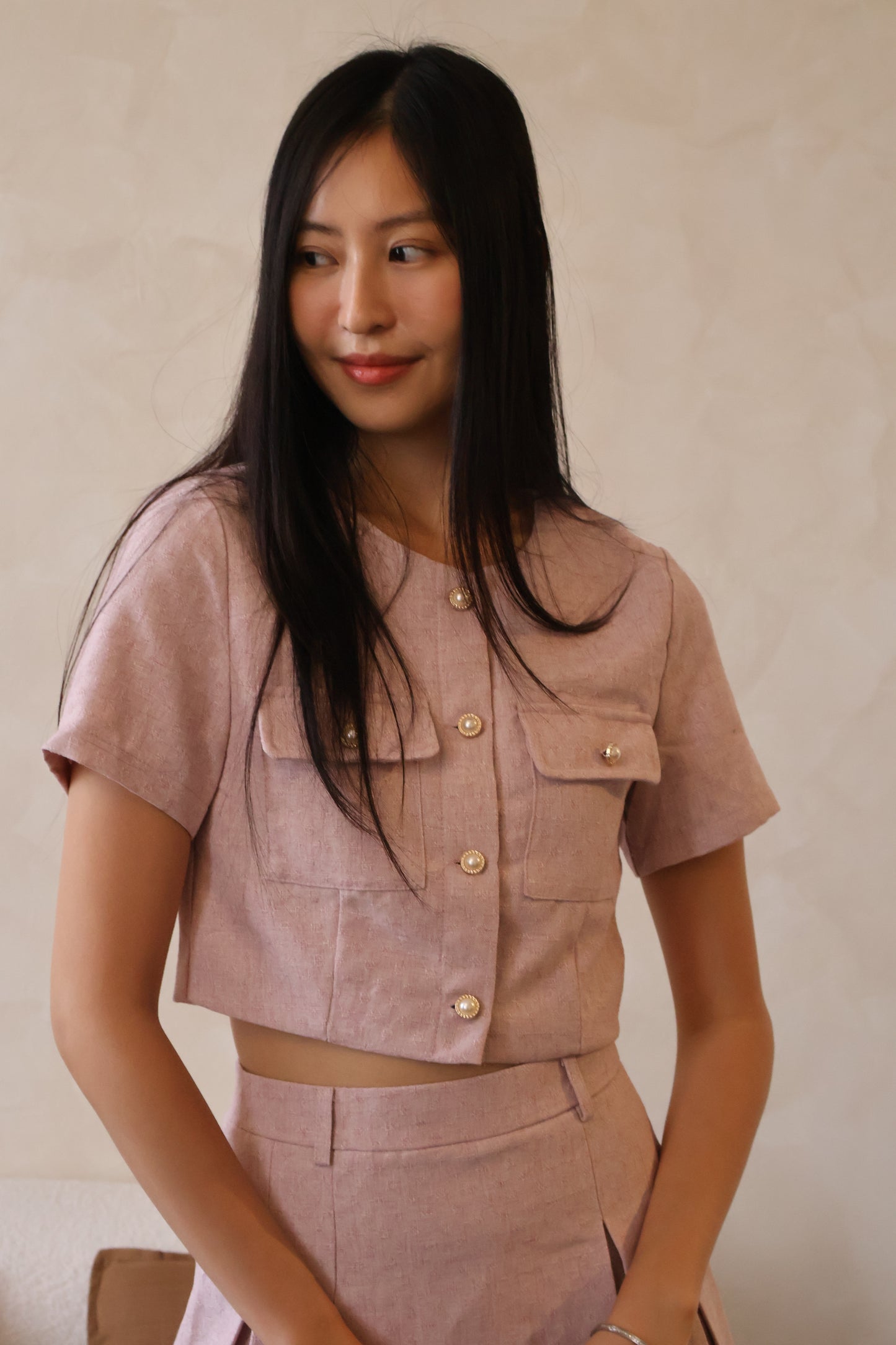 Minny Pearl Button & Pleat Skorts Co-Ords Set In Pink