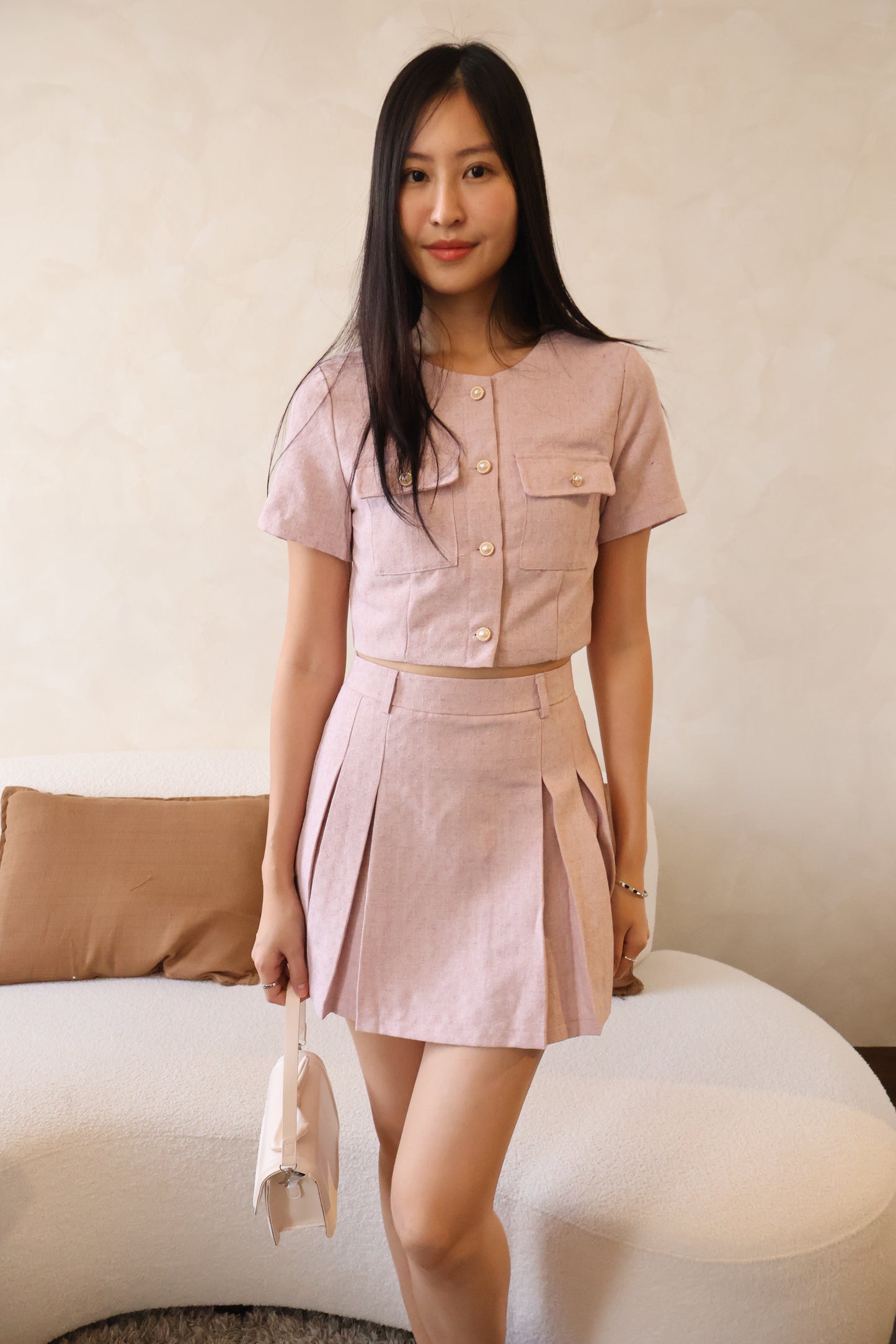 Minny Pearl Button & Pleat Skorts Co-Ords Set In Pink
