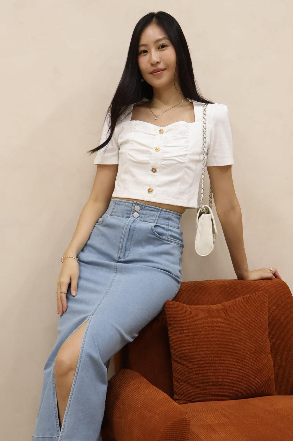 Gabriella Petal Pearl Buttons Ruched Top In White