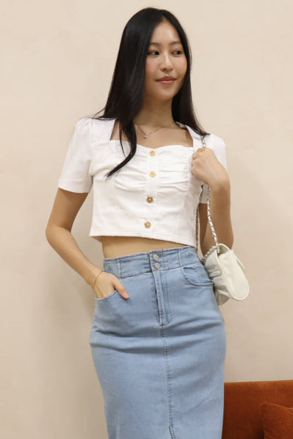 Gabriella Petal Pearl Buttons Ruched Top In White
