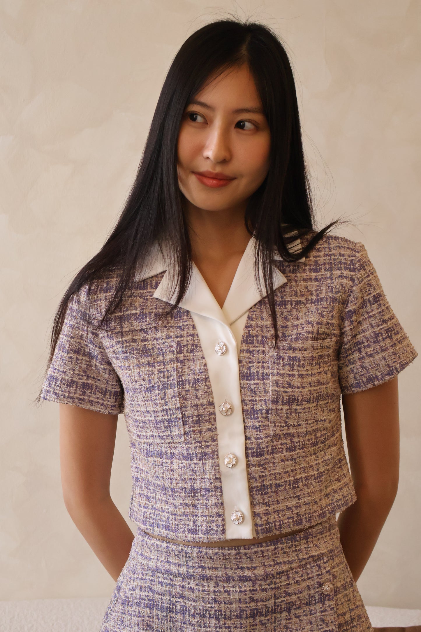 Camilla Button Tweed Co-Ords Set In Lavender