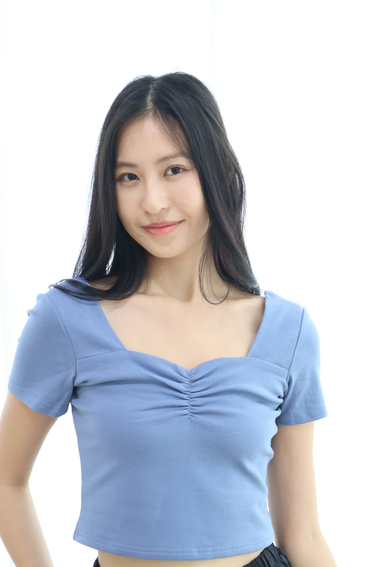 Greta Sweetheart Ruched Top In Blue