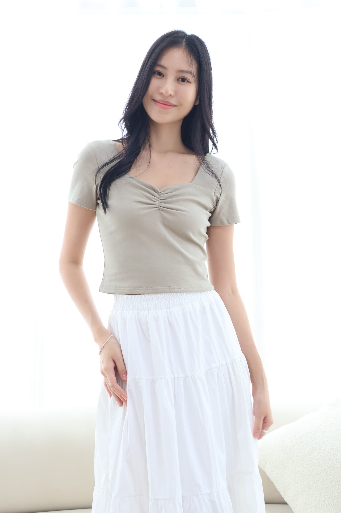 Greta Sweetheart Ruched Top In Olive