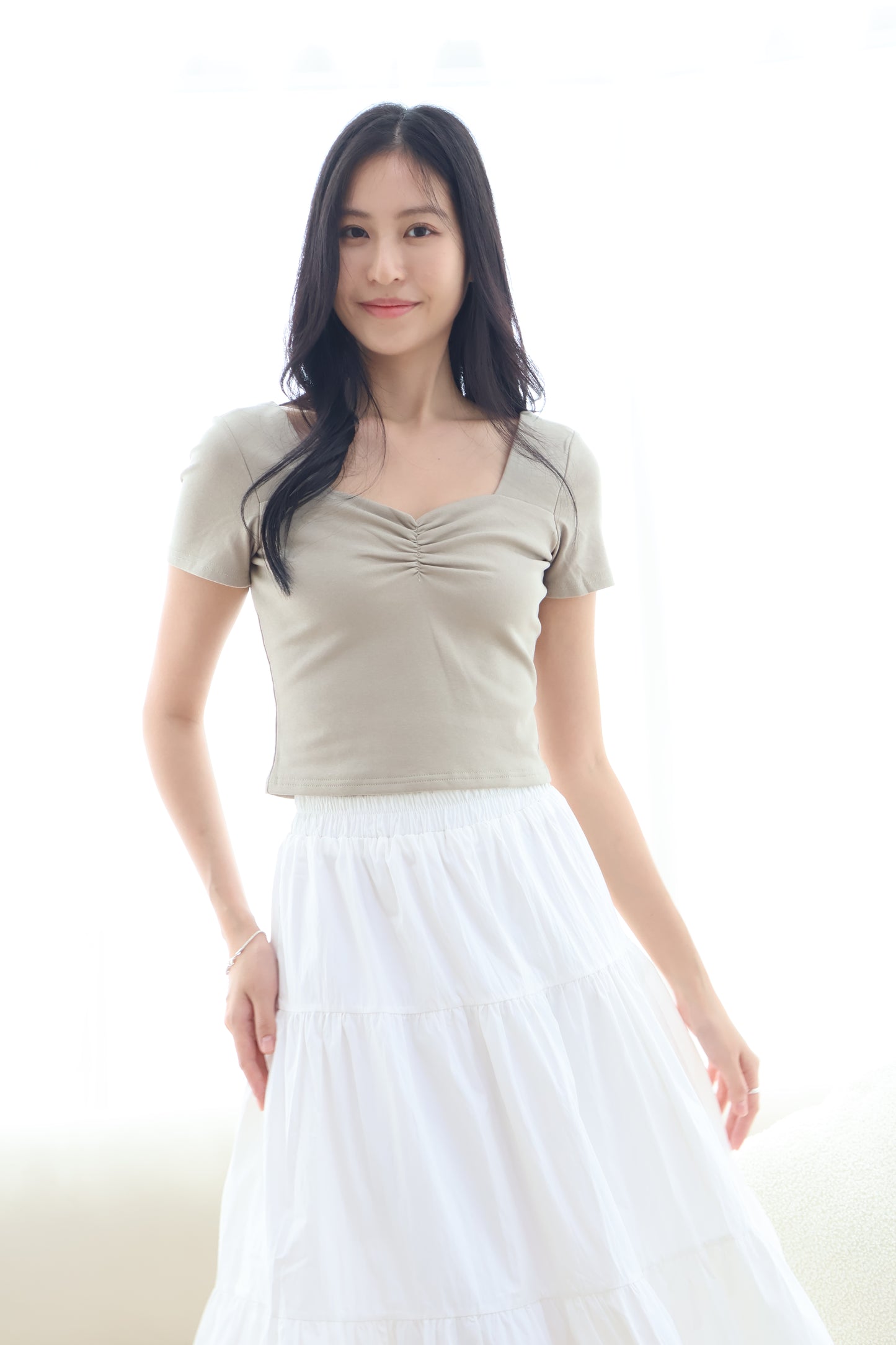 Greta Sweetheart Ruched Top In Olive