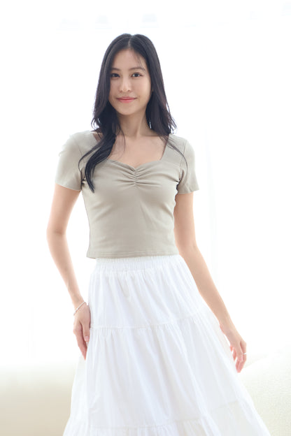 Greta Sweetheart Ruched Top In Olive