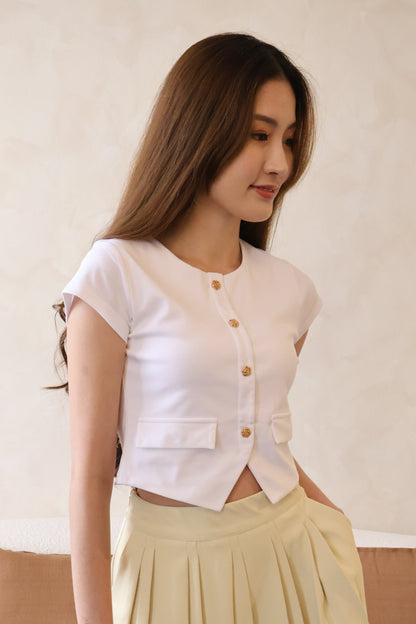 Roses v2 Gold Button Top In White