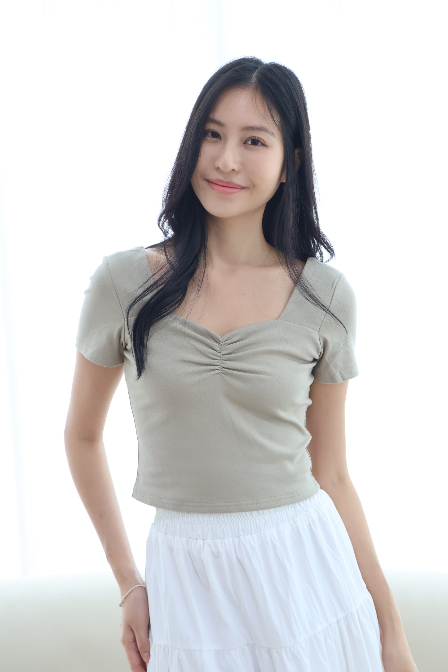 Greta Sweetheart Ruched Top In Olive