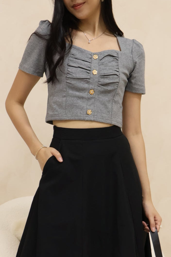 Gabriella Petal Pearl Buttons Ruched Top In Grey