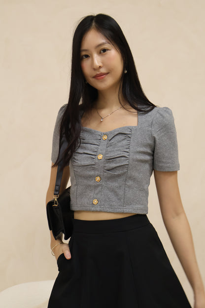 Gabriella Petal Pearl Buttons Ruched Top In Grey