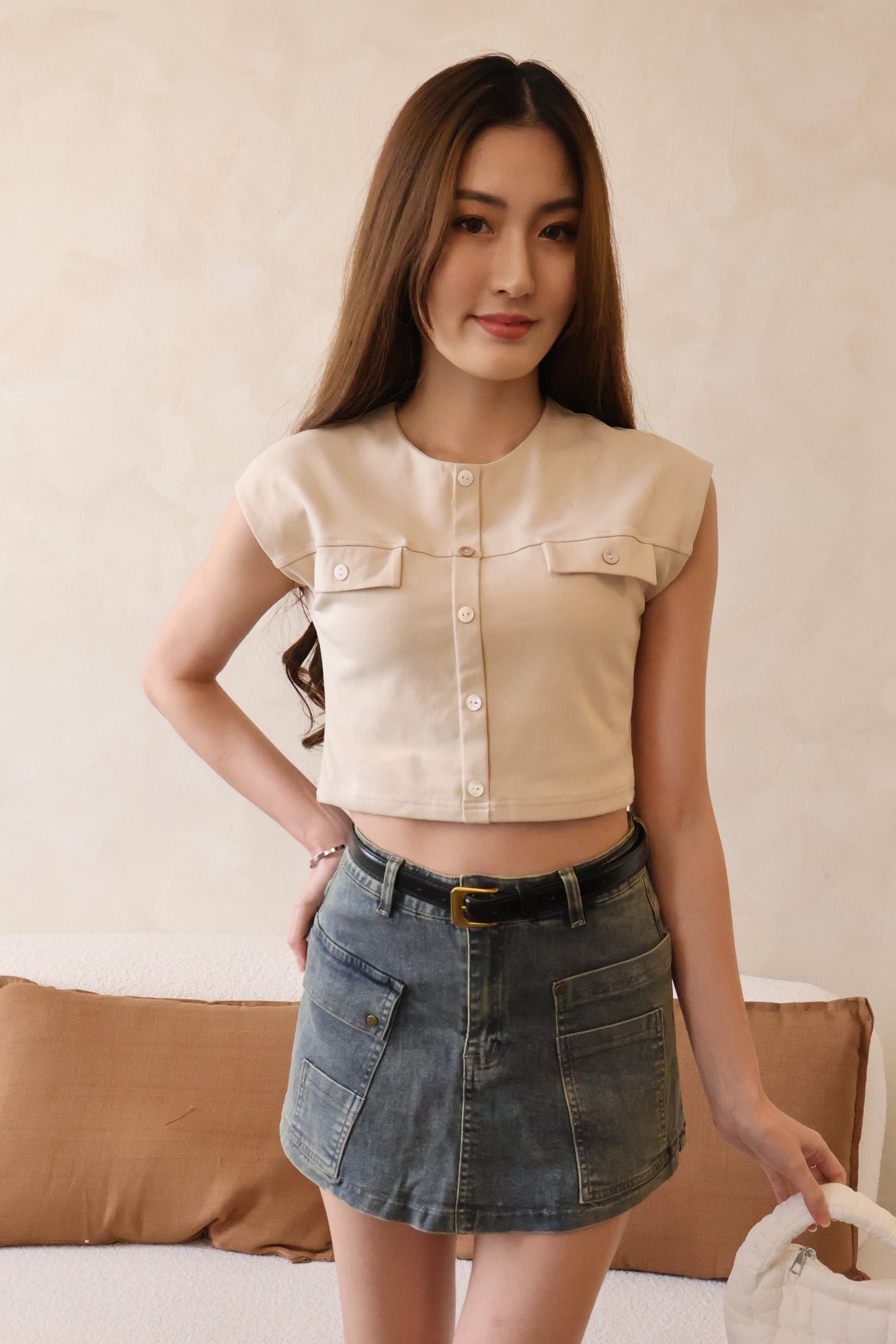 Jesse Button Top In Khaki