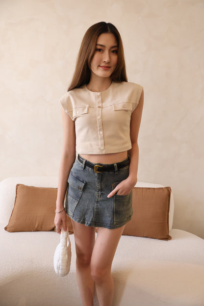 Lisa Belted Denim Skorts In Vintage Wash