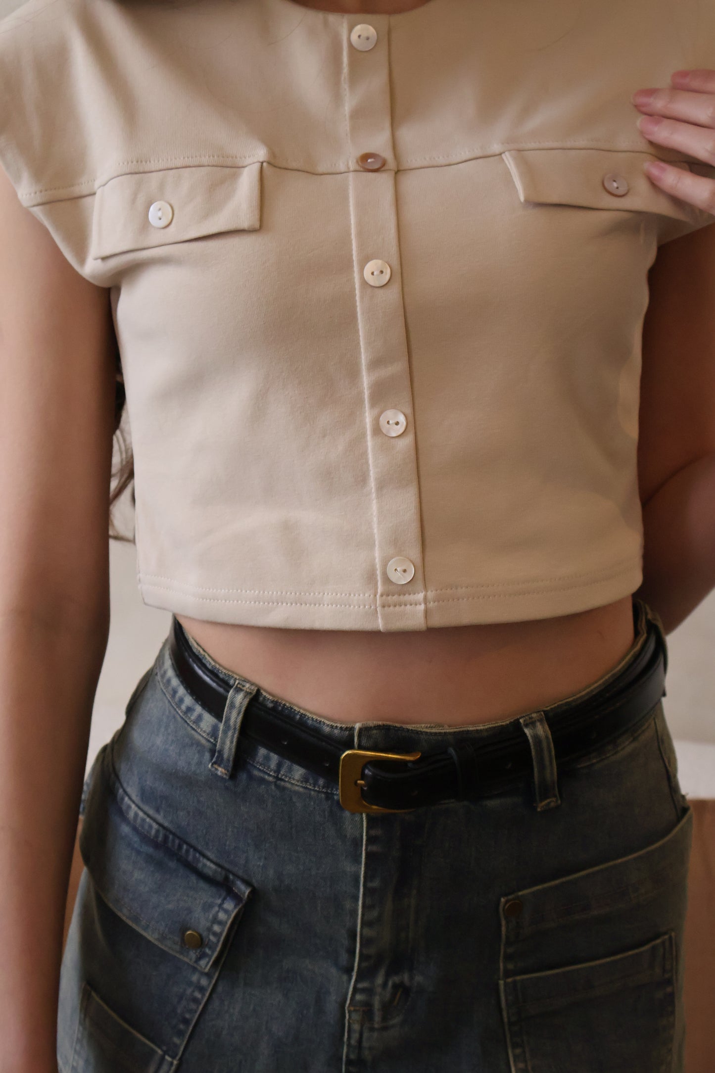 Jesse Button Top In Khaki