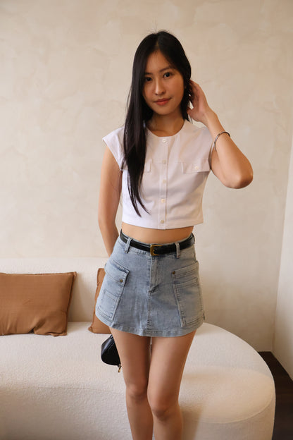 Lisa Belted Denim Skorts In Light Wash