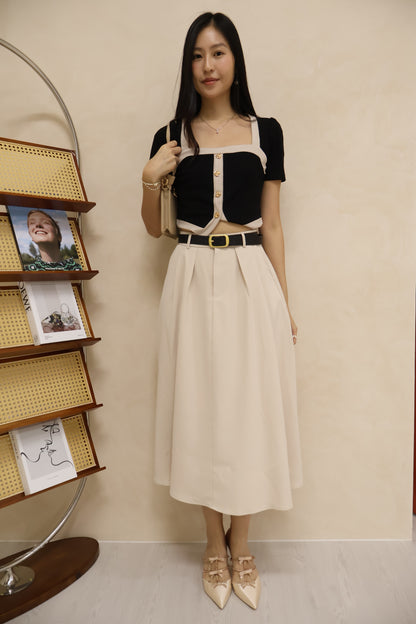 Trudy Pleated Pocket Midi Skirt With Belt In Cream