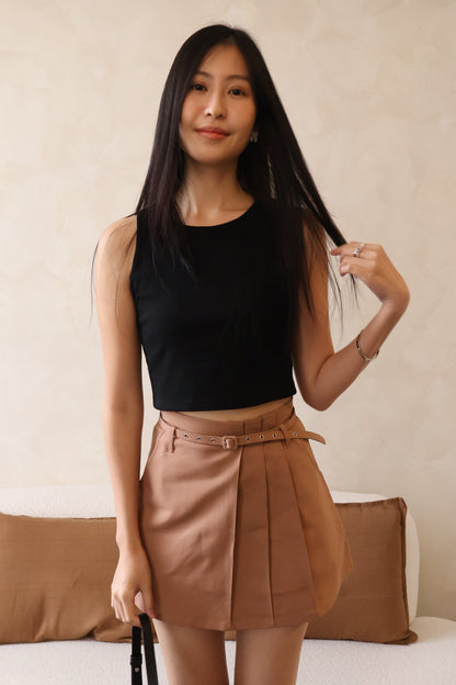 *Restocked* Skylar Pleated Belted Skorts In Brown