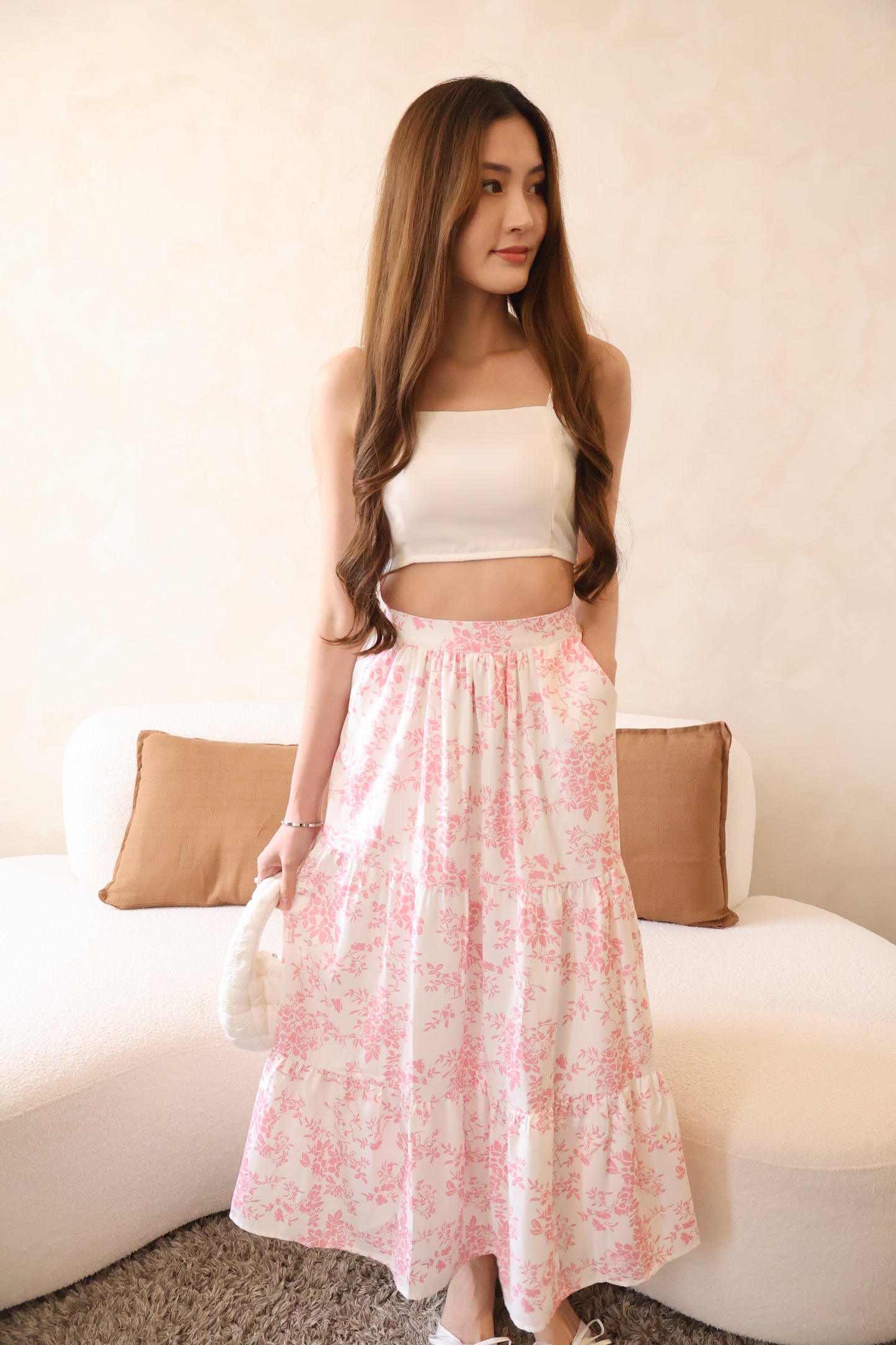 Cassy Floral Patterned Pocket Maxi Skirt In White