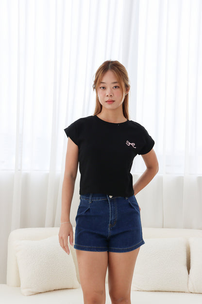 Macy Ribbon Stitched Top in Black