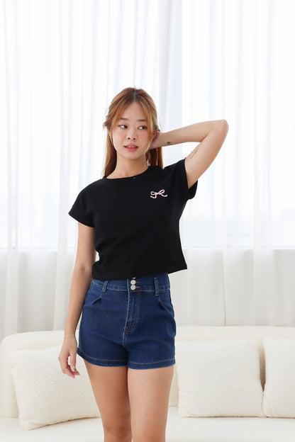 Macy Ribbon Stitched Top in Black