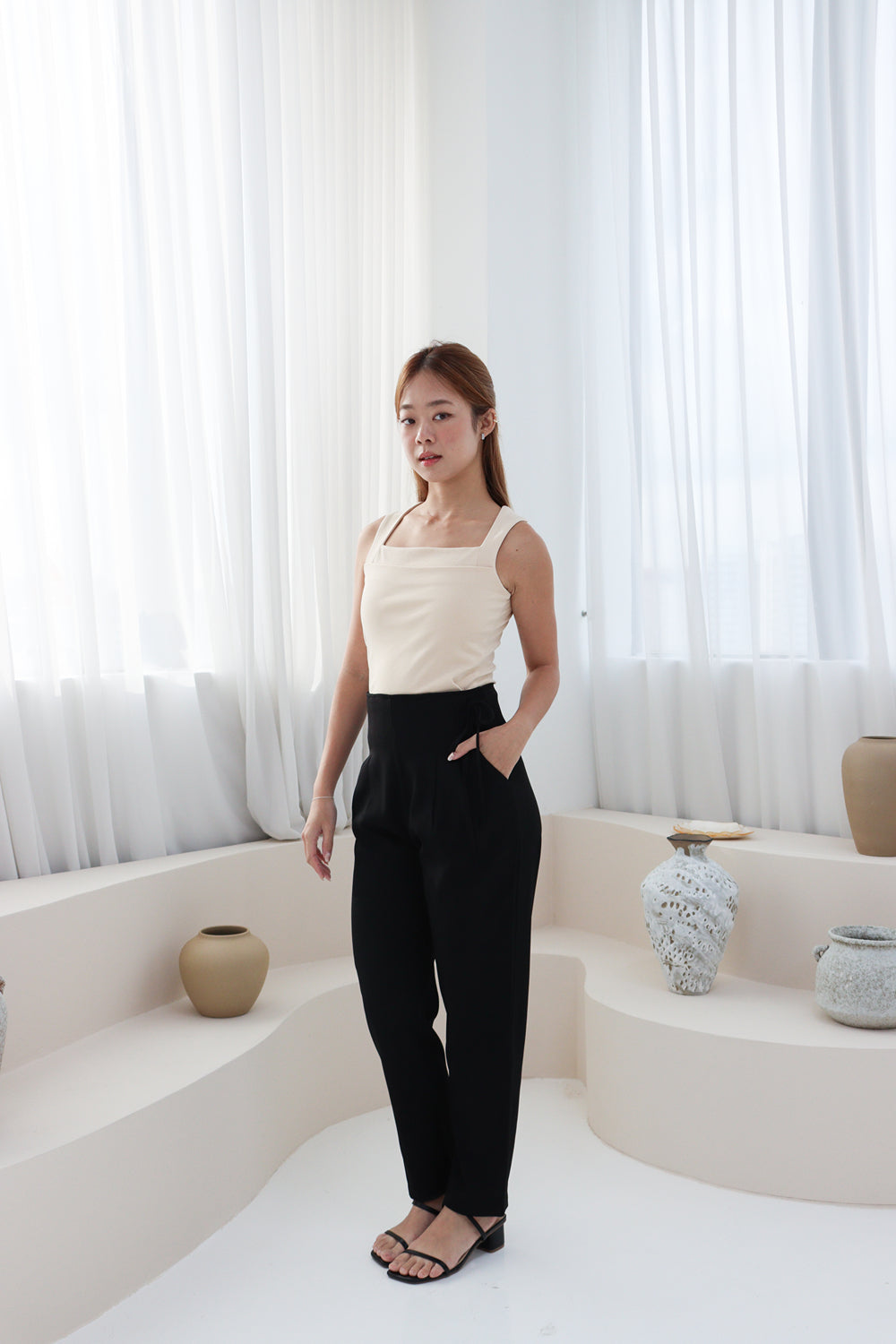 AVERYDAY Amanda Ribbon-Tie Work Pants in Black