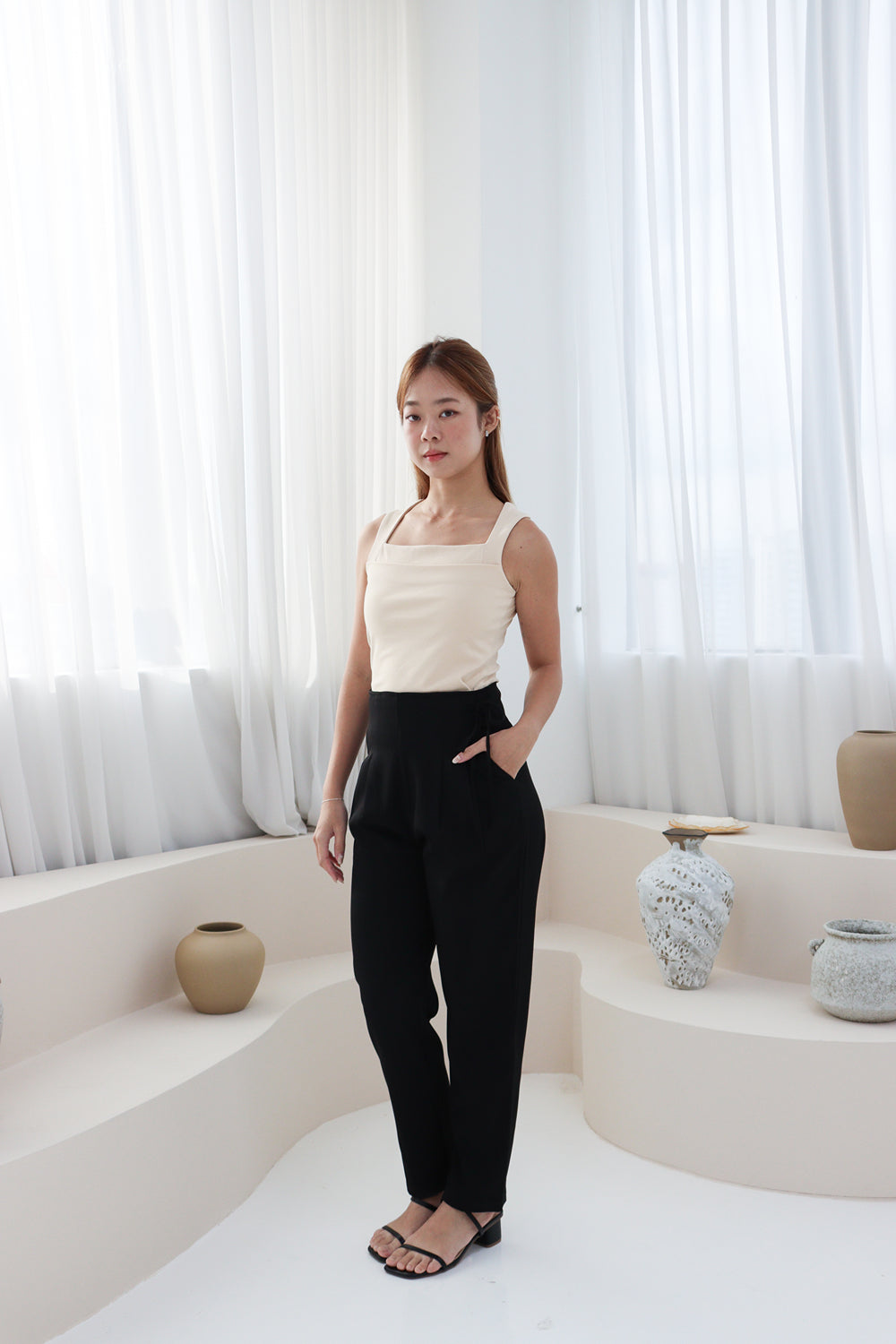 AVERYDAY Amanda Ribbon-Tie Work Pants in Black