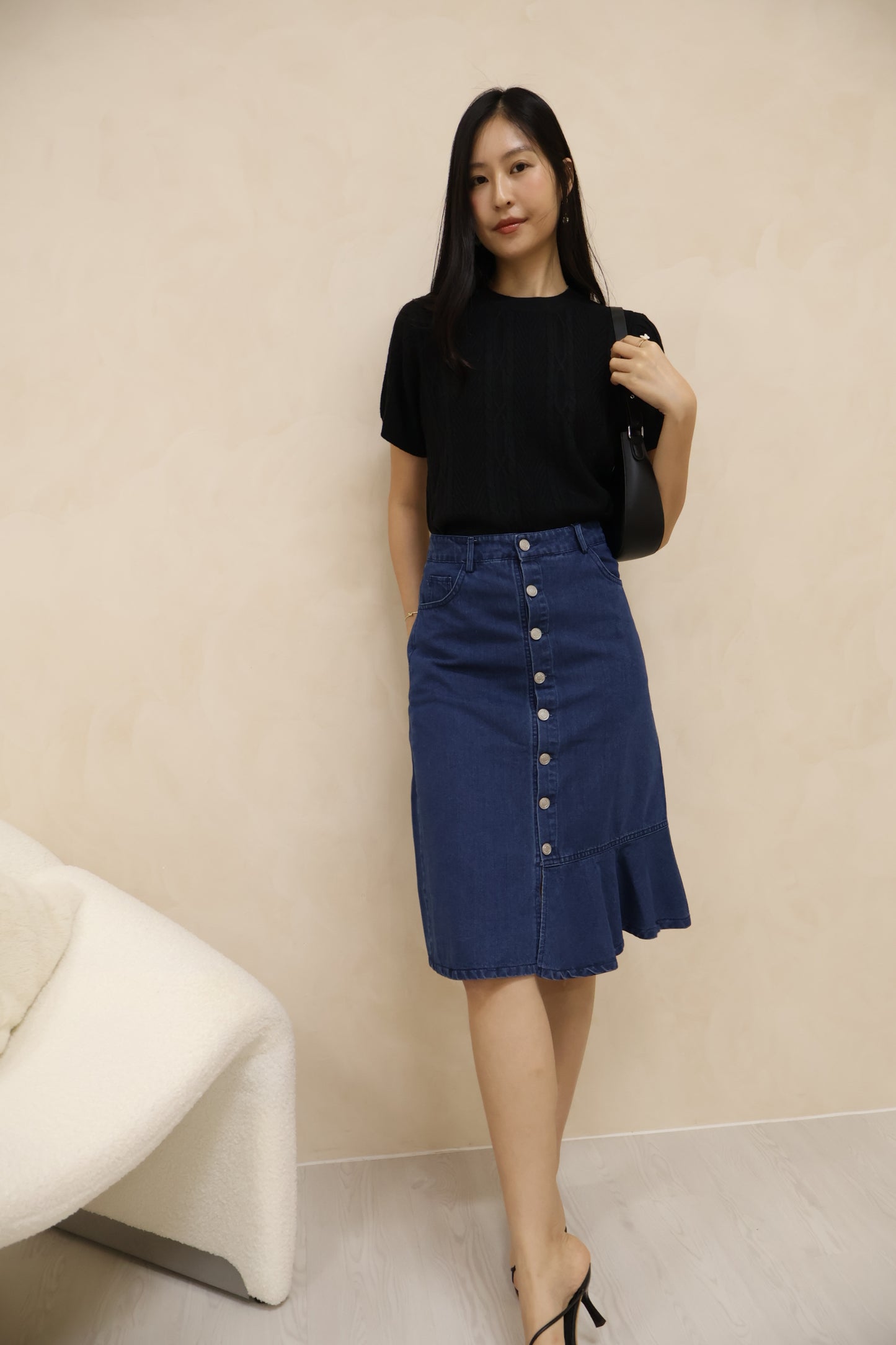 Yanice Denim Mermaid Hem Midi Skirt In Dark Wash