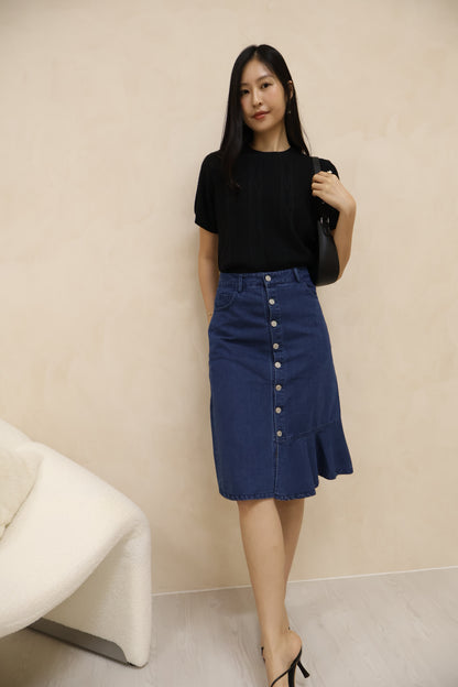 Yanice Denim Mermaid Hem Midi Skirt In Dark Wash