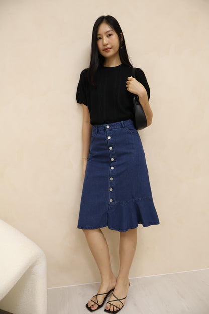 Yanice Denim Mermaid Hem Midi Skirt In Dark Wash