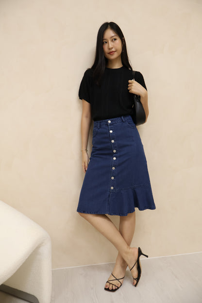 Yanice Denim Mermaid Hem Midi Skirt In Dark Wash