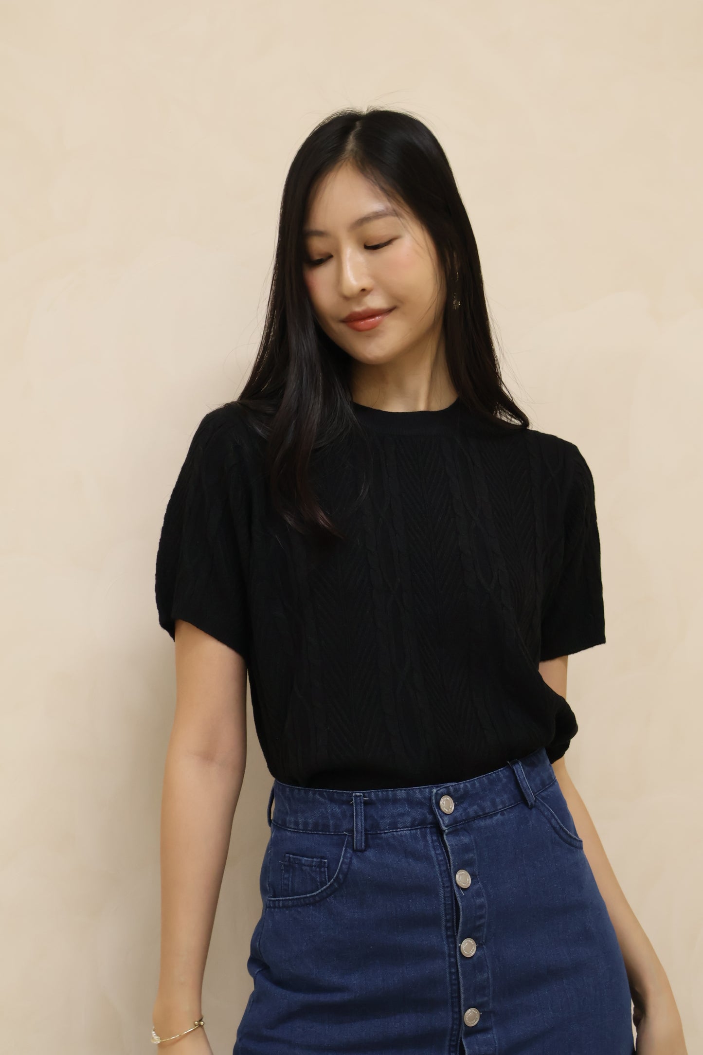 Kerlyn Cable Knit Patterned Top In Black