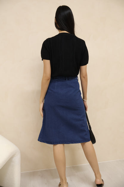 Yanice Denim Mermaid Hem Midi Skirt In Dark Wash