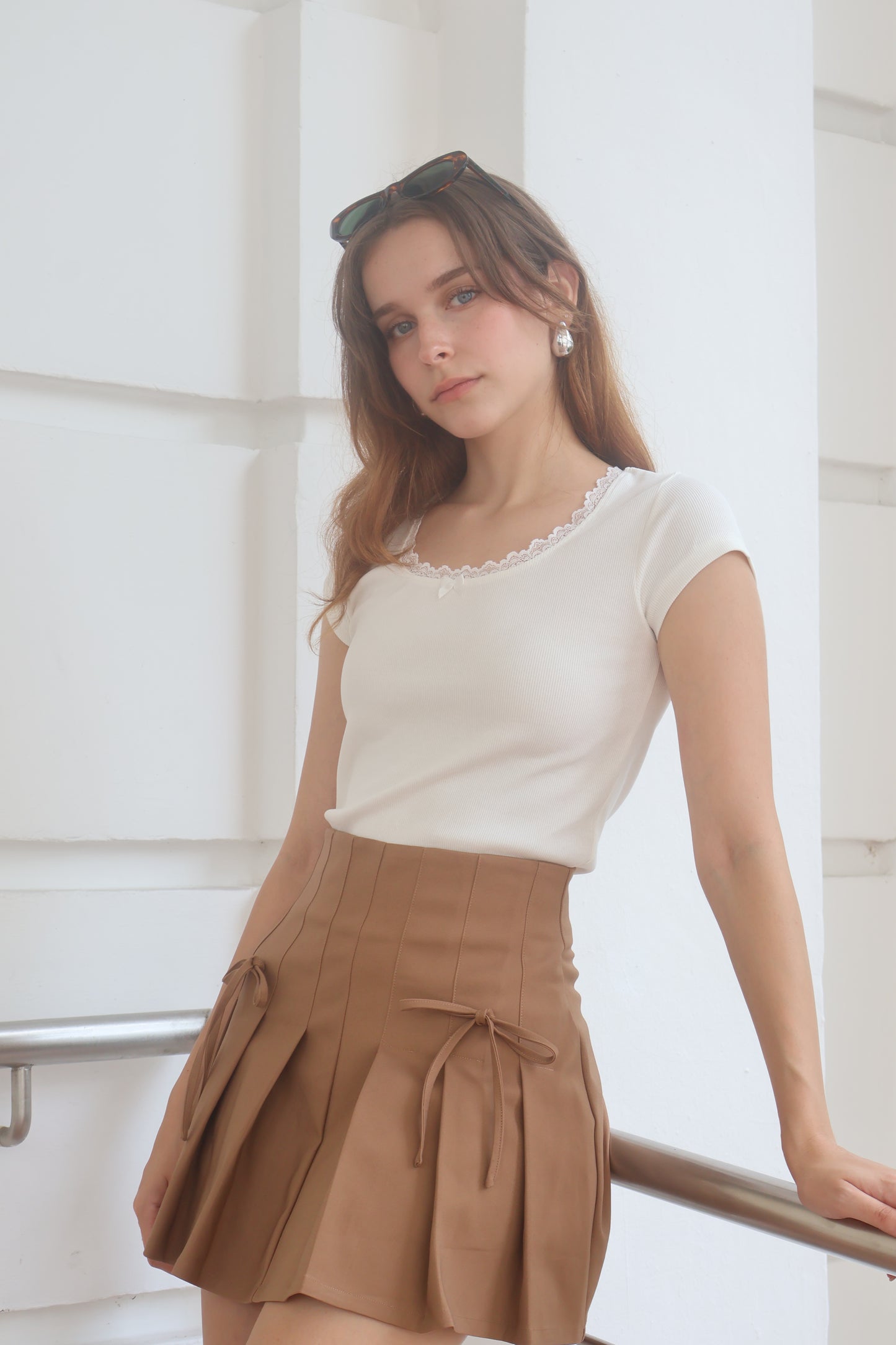 Ruth Ribbon Pleated Skorts In Maple Brown