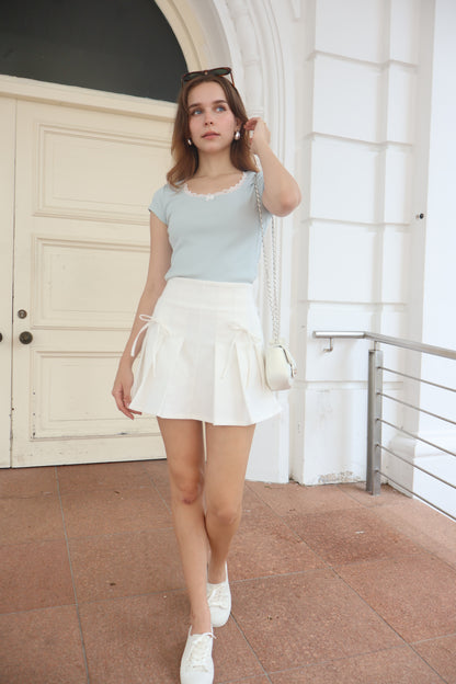 RESTOCKED - Ruth Ribbon Pleated Skorts In Pearl White