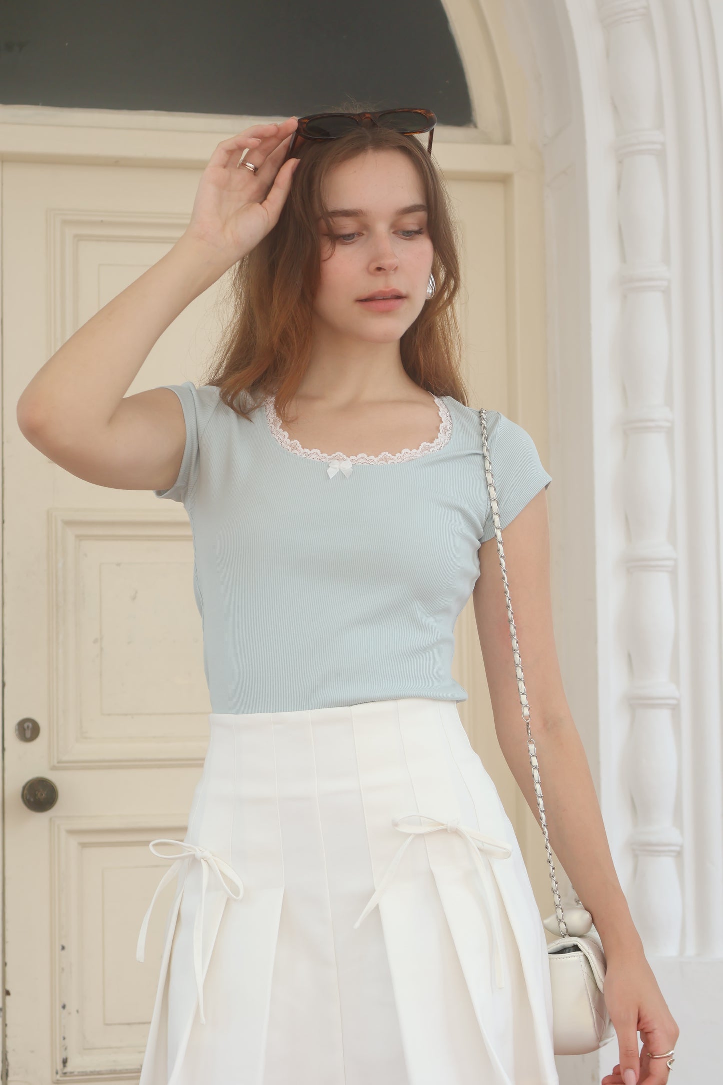 RESTOCKED - Colette Ribbon Lace Trim Soft Cotton Rib Tee in Blue