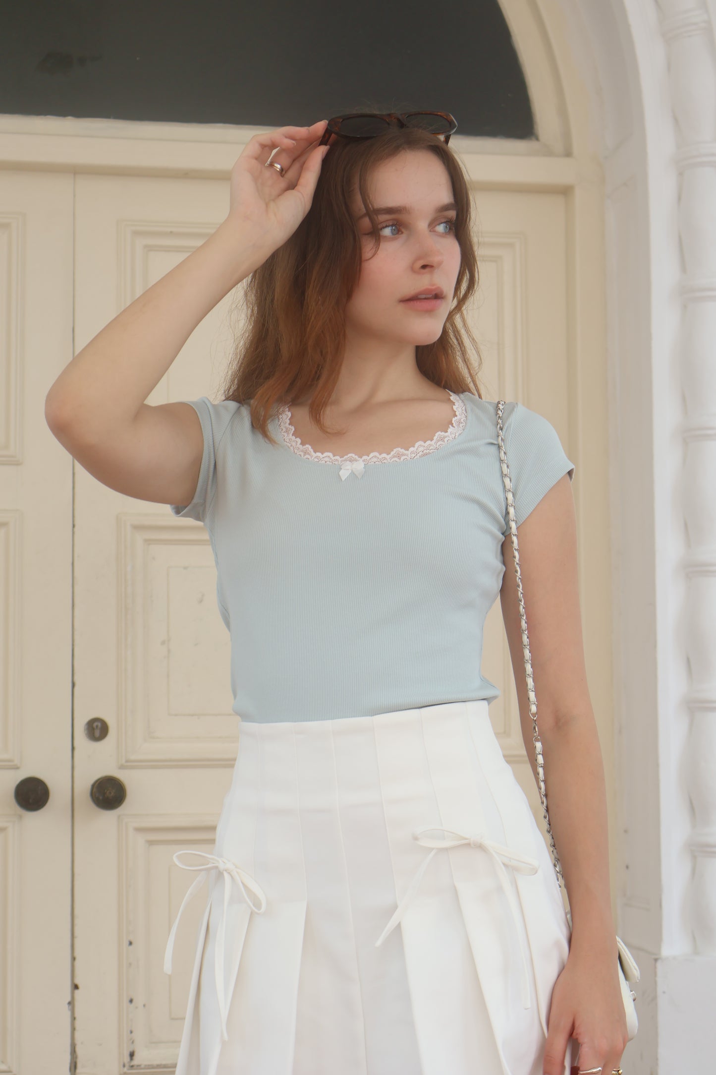 RESTOCKED - Ruth Ribbon Pleated Skorts In Pearl White