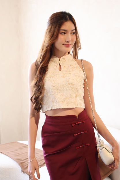 *CNY* Rong Oriental Knotted Skirt (With Inner Shorts) In Maroon