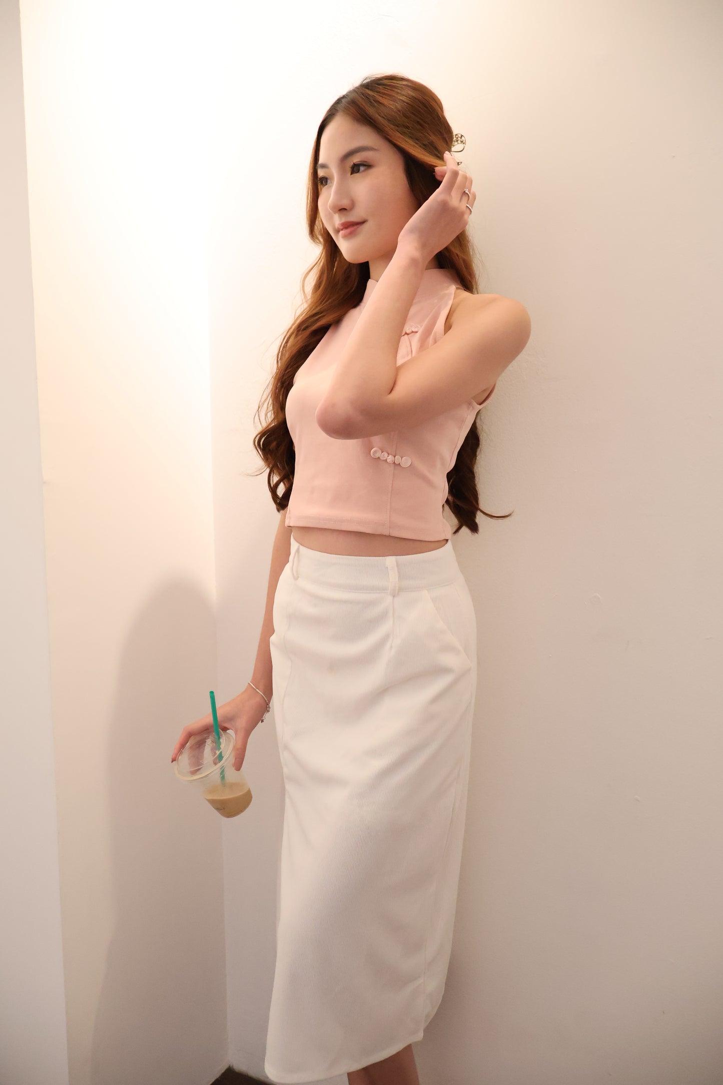 *CNY* Jìng Corduroy Classic Slit Skirt In White