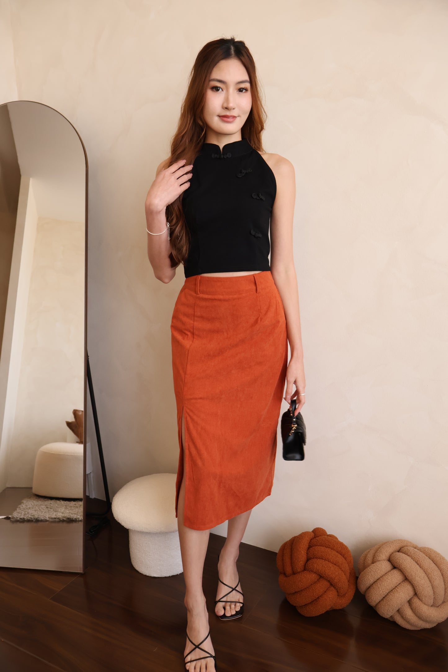 *CNY* Jìng Corduroy Classic Slit Skirt In Mandarin