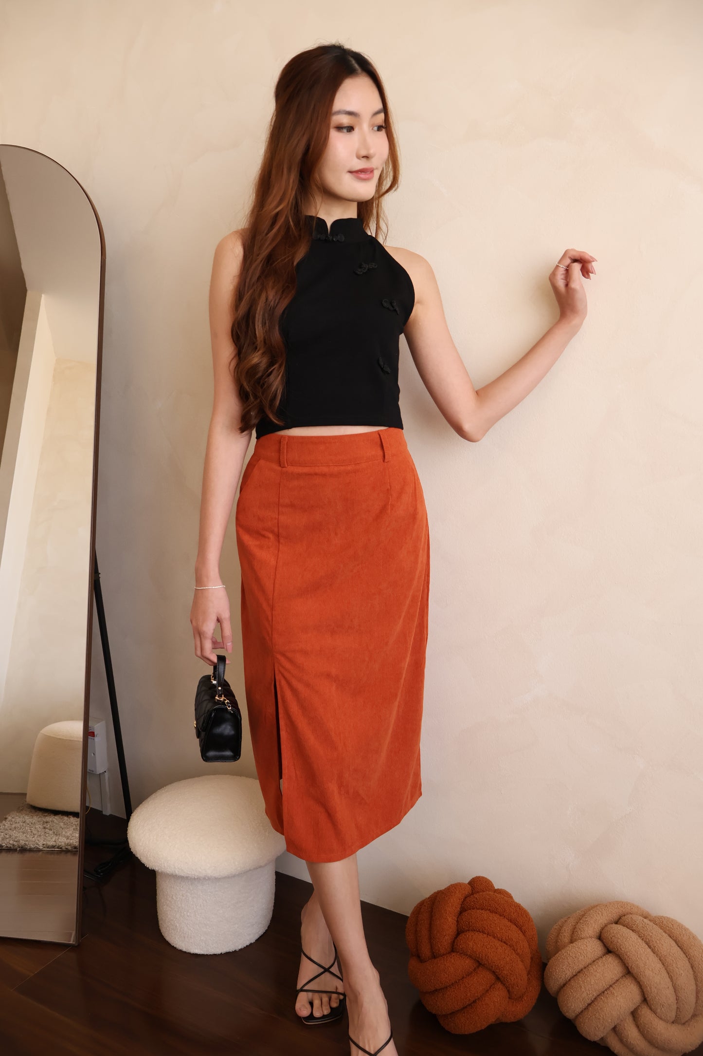 *CNY* Jìng Corduroy Classic Slit Skirt In Mandarin