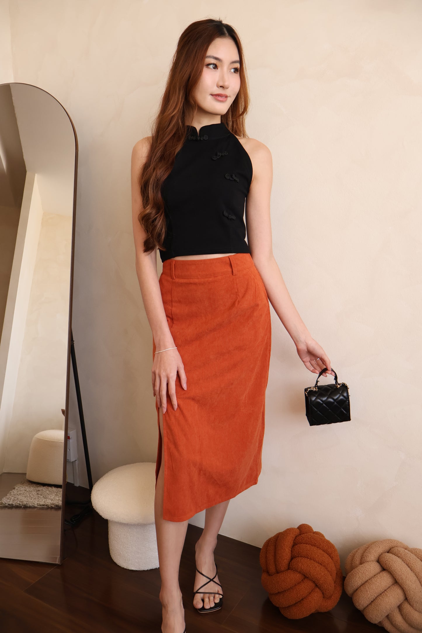 *CNY* Jìng Corduroy Classic Slit Skirt In Mandarin