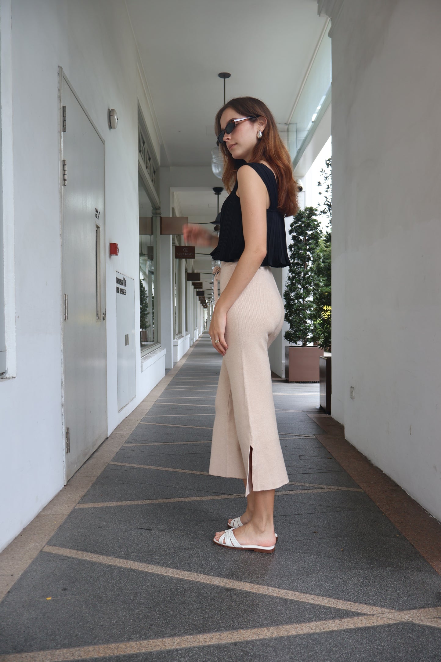 Cynthia Soft Knit Slit Pants in Oat