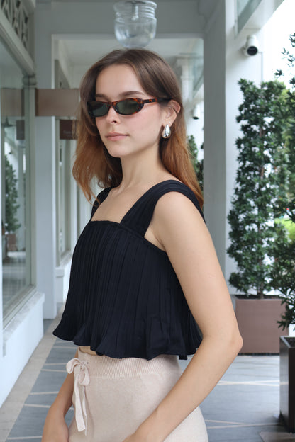 Melia Pleated Flowy Strap Top in Black