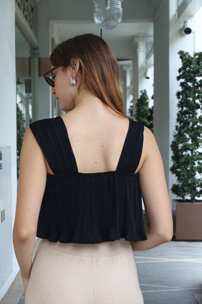 Melia Pleated Flowy Strap Top in Black