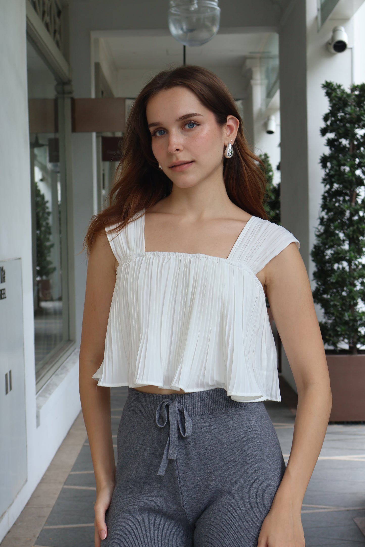 Melia Pleated Flowy Strap Top in White
