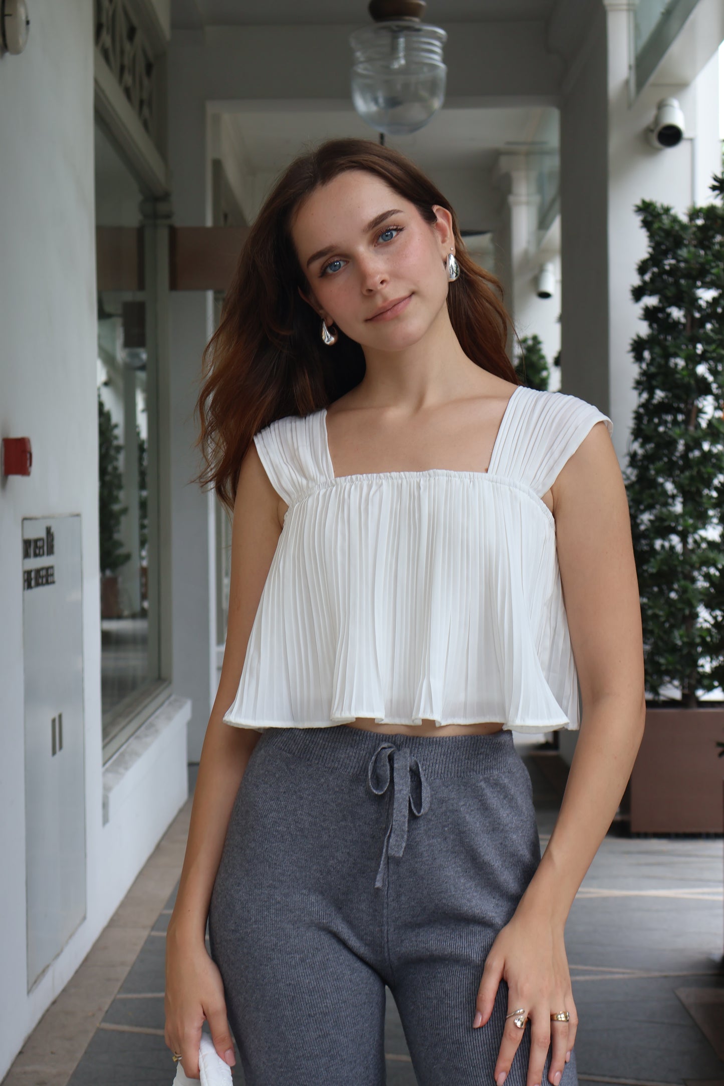Melia Pleated Flowy Strap Top in White