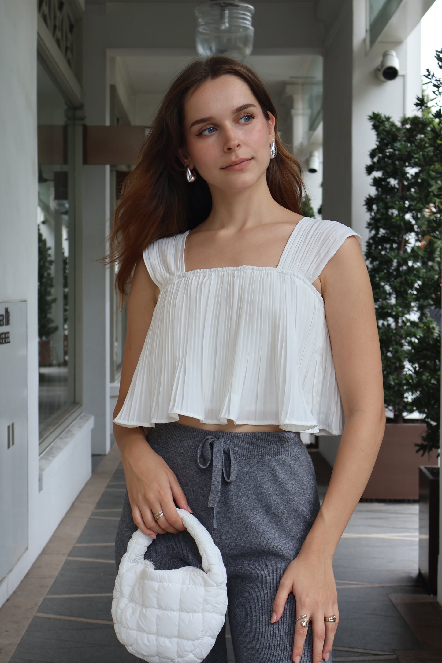 Melia Pleated Flowy Strap Top in White