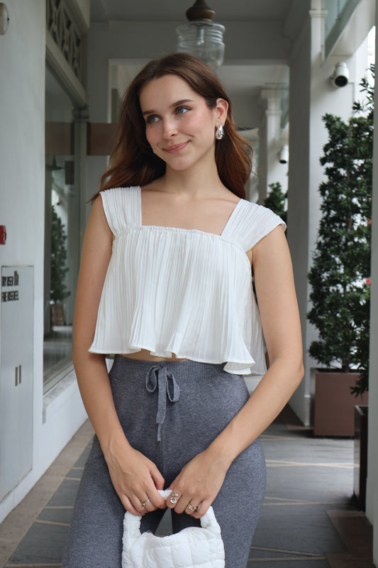 Melia Pleated Flowy Strap Top in White