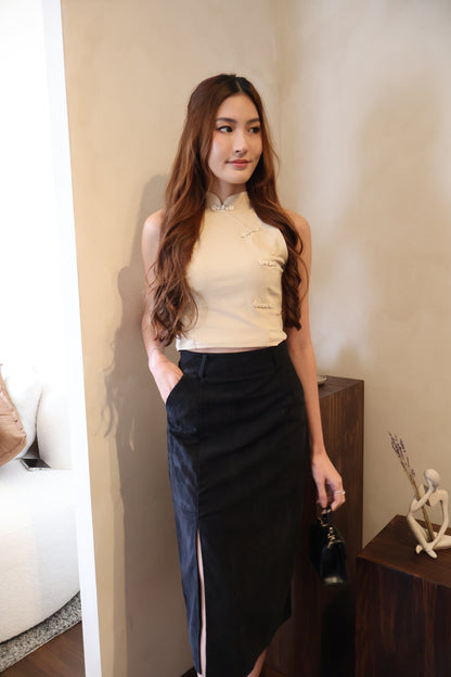 *CNY* Jìng Corduroy Classic Slit Skirt In Black