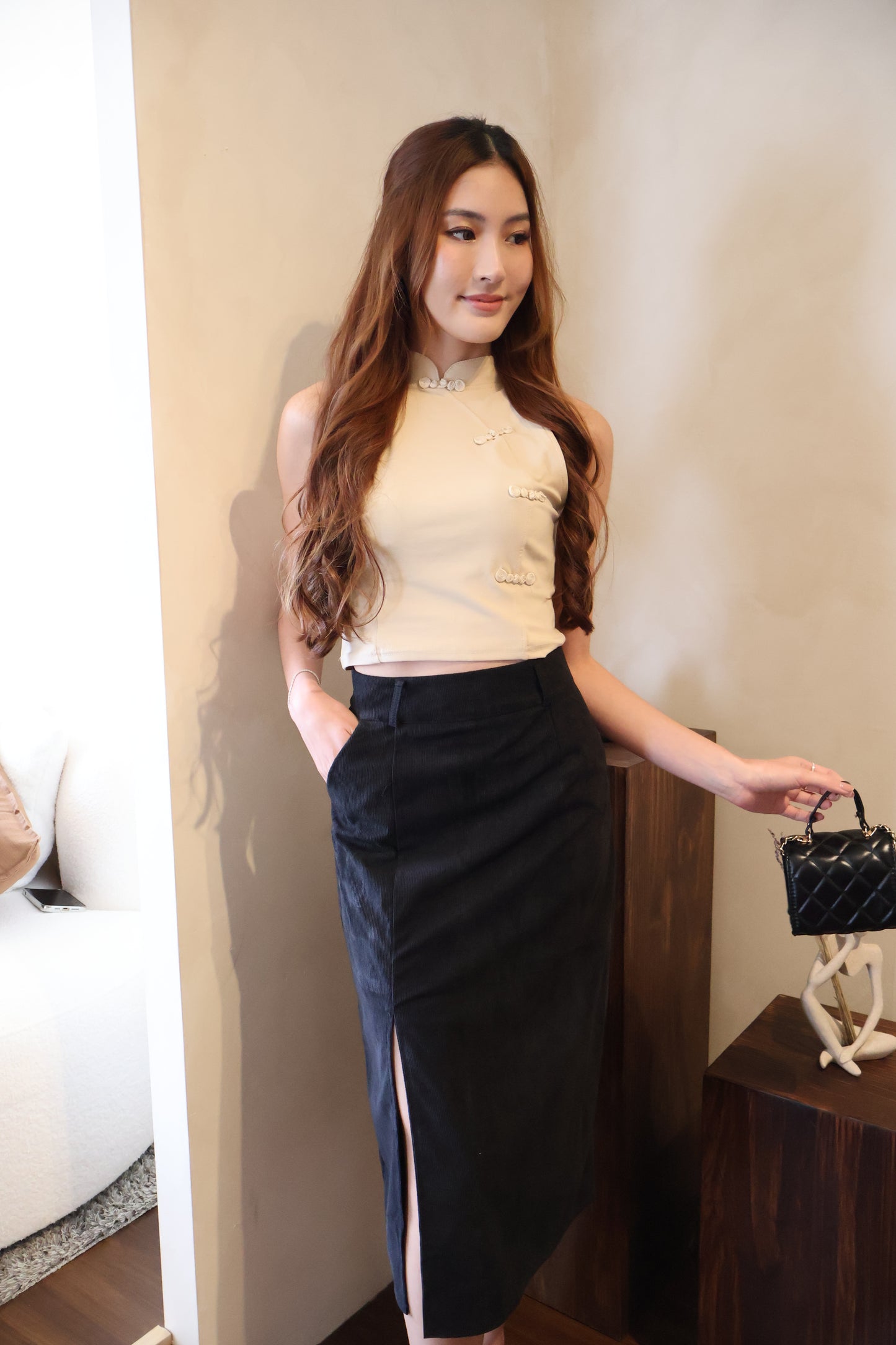 *CNY* Jìng Corduroy Classic Slit Skirt In Black