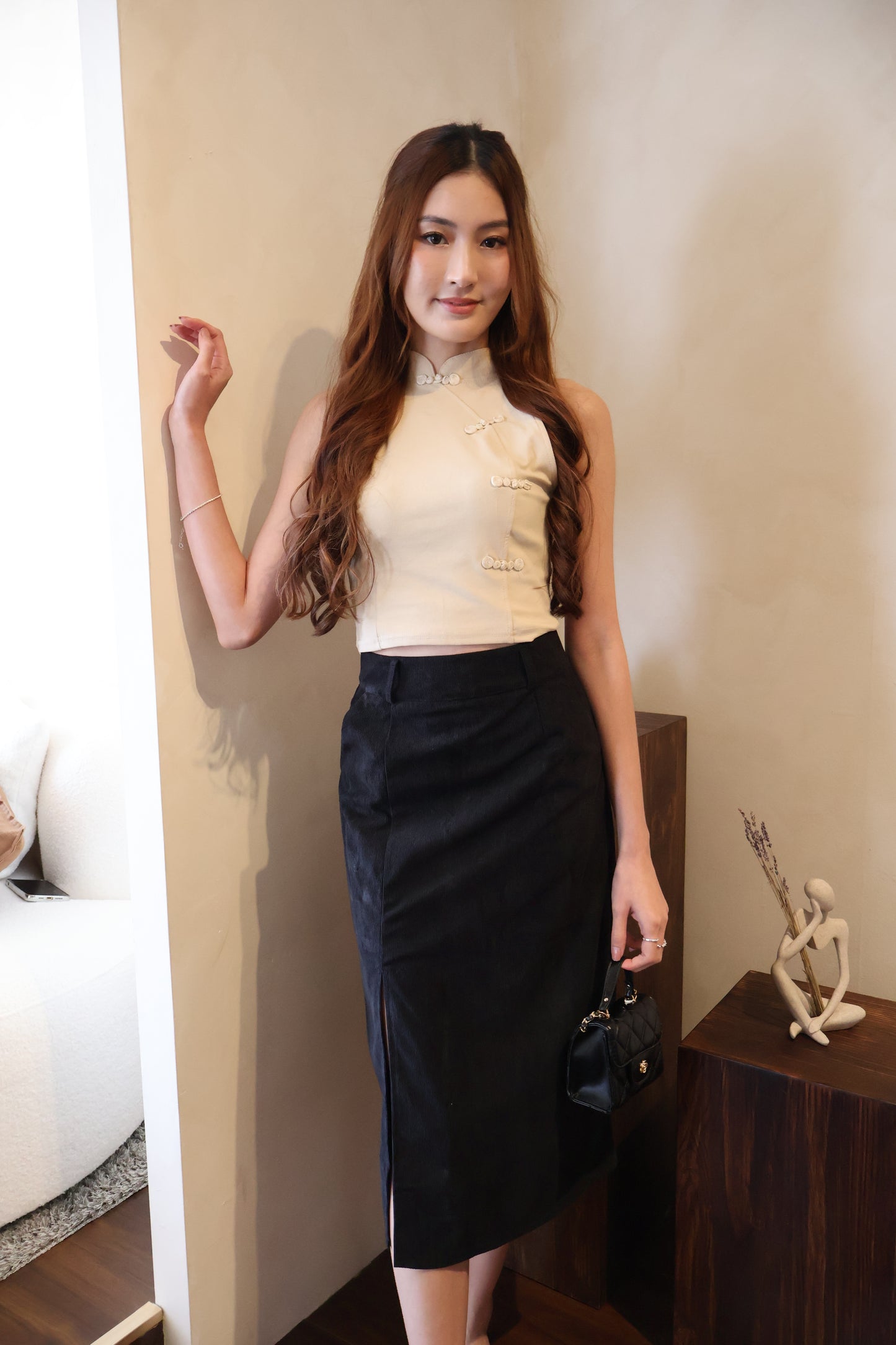 *CNY* Jìng Corduroy Classic Slit Skirt In Black